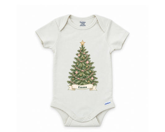 DESIGN A - Watercolor Christmas Tree personalized first Christmas baby bodysuit design