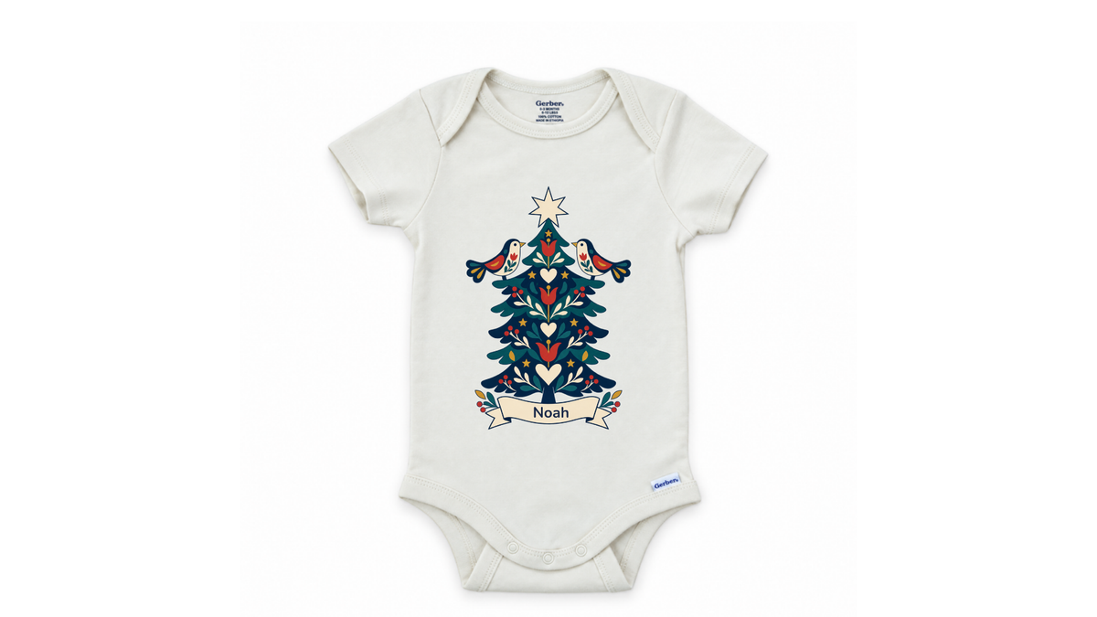 Watercolor Christmas tree personalized First Christmas baby onesie