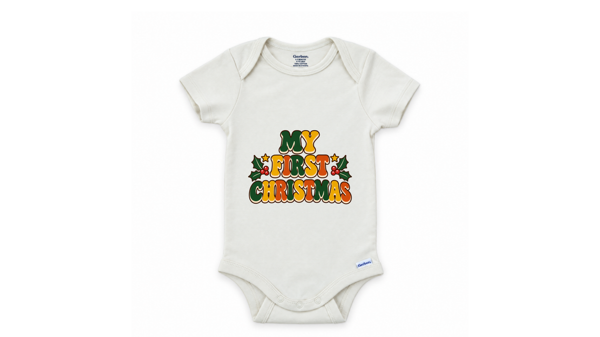 Watercolor Christmas tree personalized First Christmas baby onesie