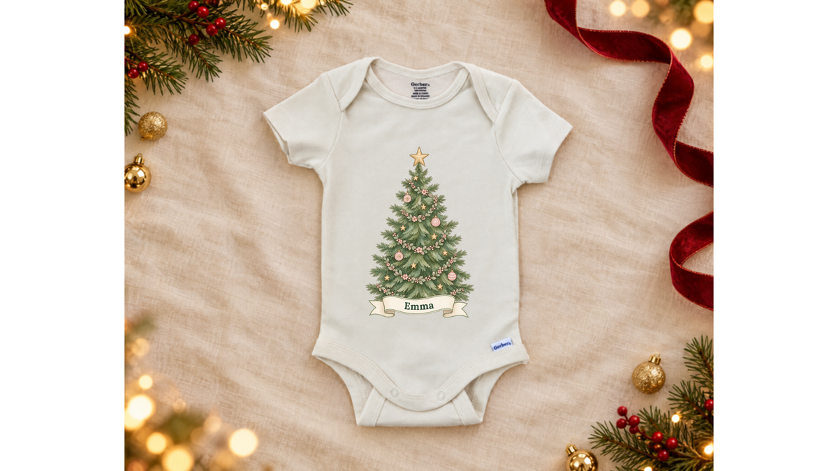 Watercolor Christmas tree personalized First Christmas baby onesie