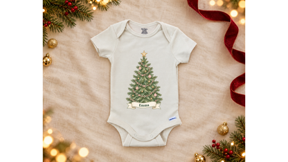 Watercolor Christmas tree personalized First Christmas baby onesie