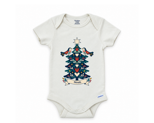DESIGN B - Folk Art Christmas Tree personalized first Christmas baby bodysuit design