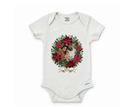 DESIGN C - Poinsettia Wreath Photo personalized first Christmas baby bodysuit design