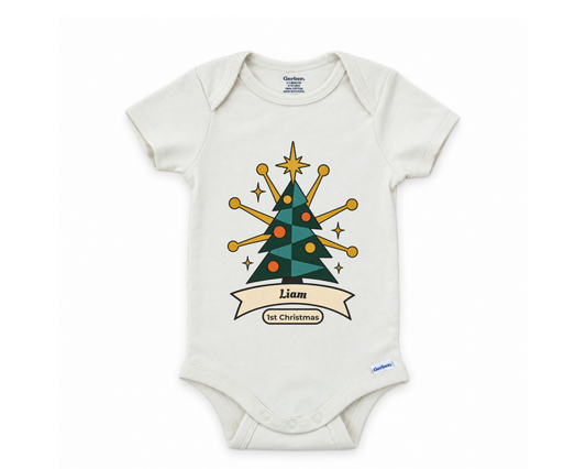 DESIGN D - Retro Star Tree personalized first Christmas baby bodysuit design