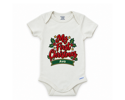 DESIGN E - My First Christmas Script personalized first Christmas baby bodysuit design