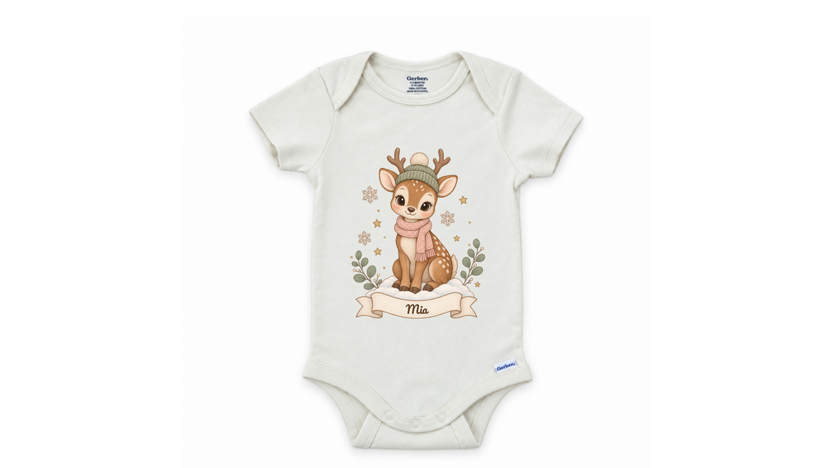 Reindeer fawn personalized First Christmas baby onesie