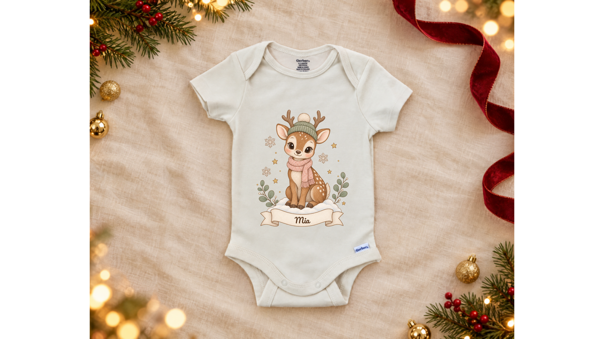 Reindeer fawn personalized First Christmas baby onesie