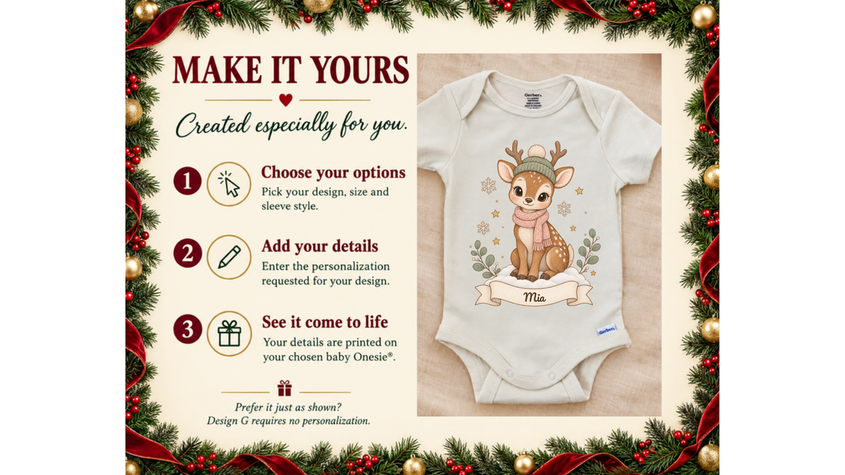 Reindeer fawn personalized First Christmas baby onesie