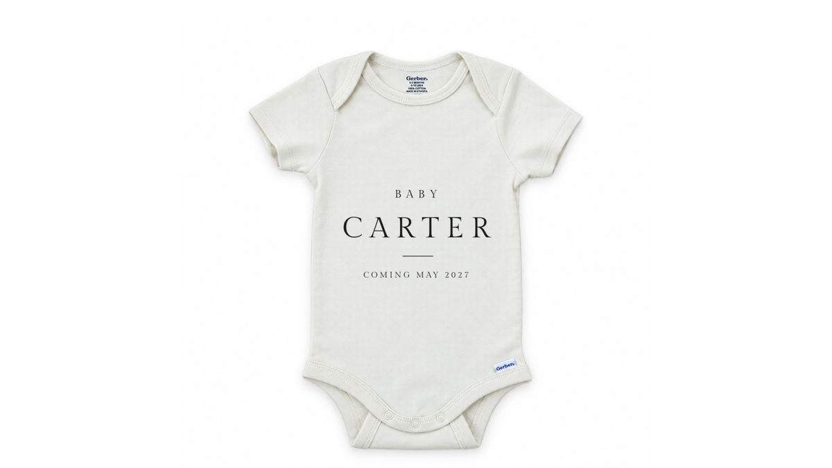 Custom Announcement Baby Carter Serif Caps personalized baby announcement onesie
