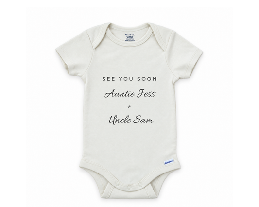 DESIGN D - See You Soon Auntie and Uncle personalized baby announcement bodysuit design