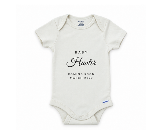 DESIGN E - Baby Coming Soon personalized baby announcement bodysuit design