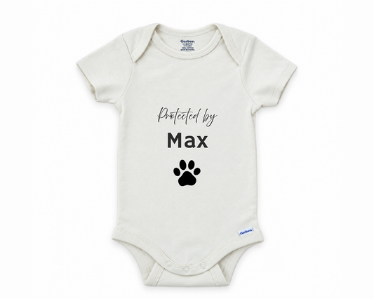 DESIGN C - Protected By Pet Sibling personalized baby bodysuit, the Protected By dog sibling lead design on white
