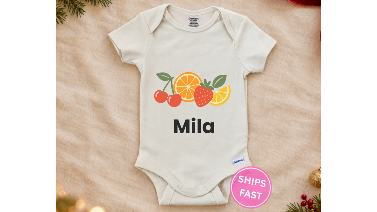 Retro fruit name personalized baby onesie