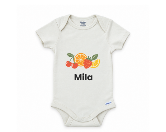 DESIGN D - Little Cutie Retro Fruit Name personalized baby bodysuit, the retro fruit name lead design on white