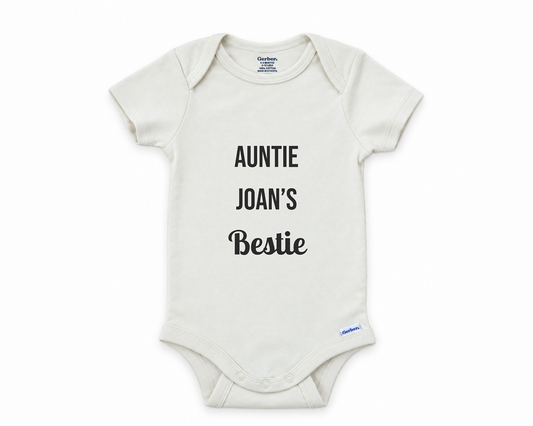DESIGN E - Aunt and Uncle Bestie personalized baby bodysuit, the Auntie's Bestie lead design on white