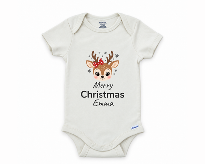 DESIGN A - Merry Christmas Reindeer personalized baby bodysuit, the Merry Christmas reindeer lead design on white