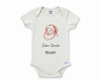 DESIGN B - Dear Santa personalized baby bodysuit design on a white background