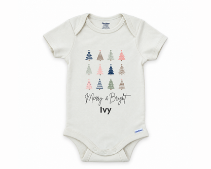 DESIGN C - Merry & Bright Trees personalized baby bodysuit design on a white background