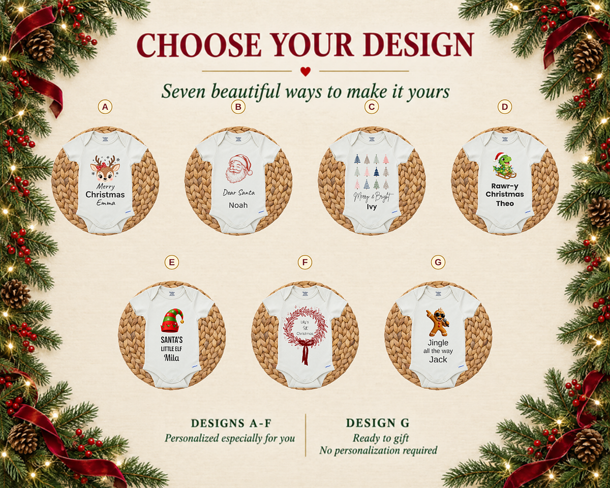 Choose your design chart of seven baby bodysuit designs, including the Merry Christmas reindeer design