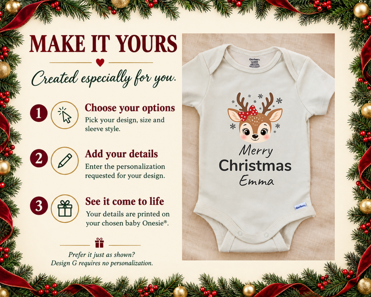 Make it yours steps shown beside the Merry Christmas reindeer personalized baby bodysuit
