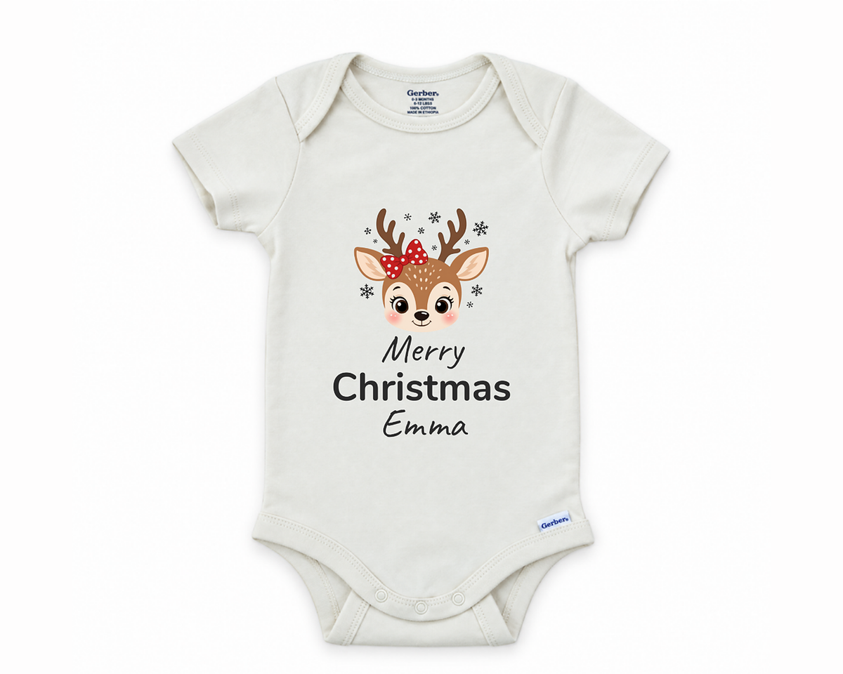 DESIGN A - Merry Christmas Reindeer personalized baby bodysuit design on a white background