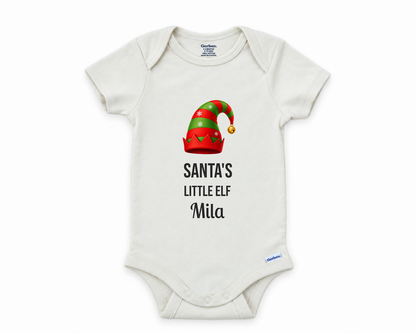DESIGN E - Santa's Little Elf personalized baby bodysuit design on a white background