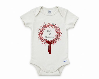 DESIGN F - 1st Christmas Wreath personalized baby bodysuit design on a white background