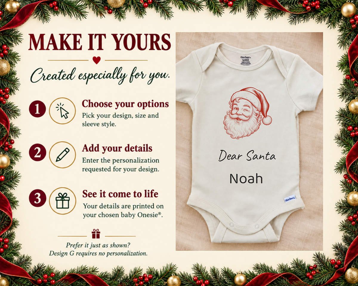 Make it yours steps shown beside the winking Dear Santa personalized baby bodysuit