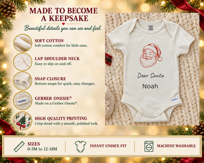 Keepsake details of the winking Dear Santa baby bodysuit: soft cotton, lap shoulder neck, bottom snaps