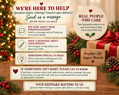 Help and contact card for questions about the Merry & Bright Christmas trees personalized baby bodysuit