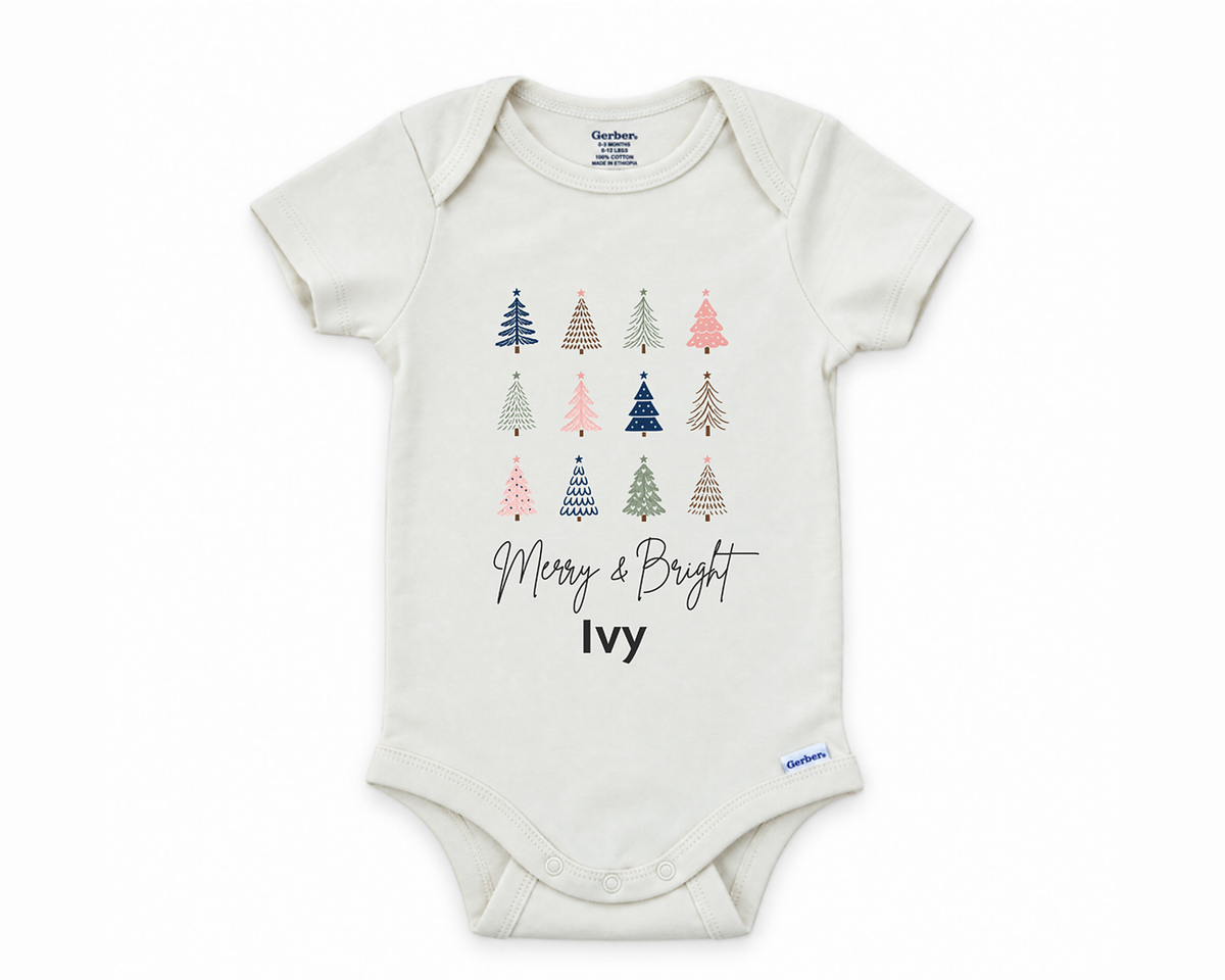 DESIGN C - Merry & Bright Trees personalized baby bodysuit, the Merry & Bright Christmas trees lead design on white