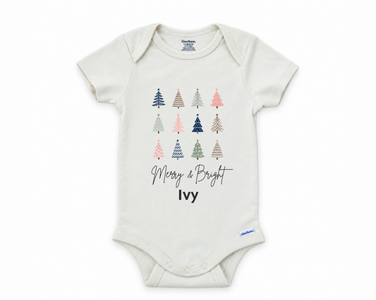 DESIGN C - Merry & Bright Trees personalized baby bodysuit, the Merry & Bright Christmas trees lead design on white