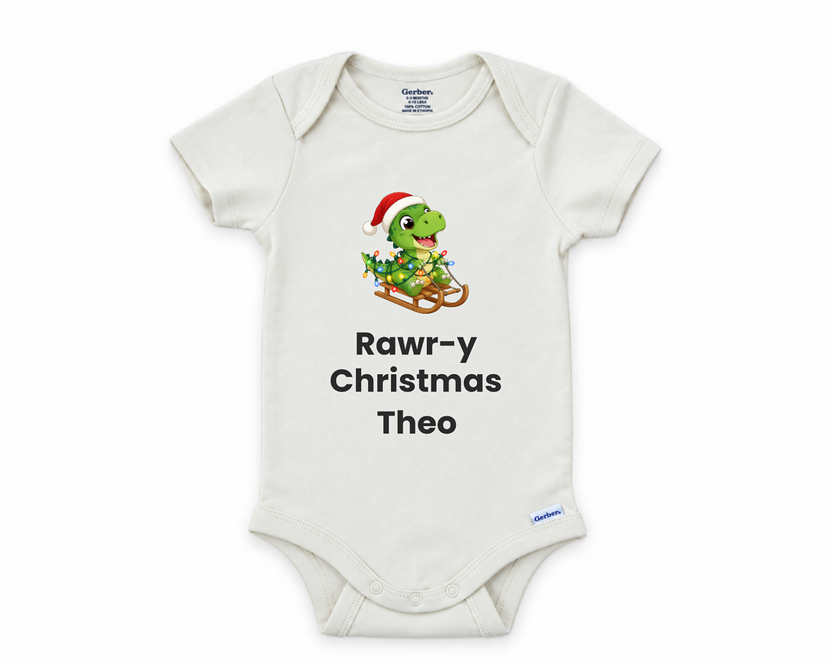 DESIGN D - Rawr-y Christmas Dino personalized baby bodysuit design on a white background