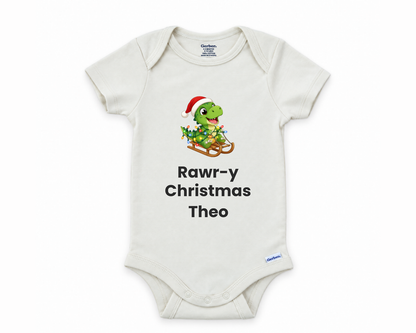 DESIGN D - Rawr-y Christmas Dino personalized baby bodysuit design on a white background