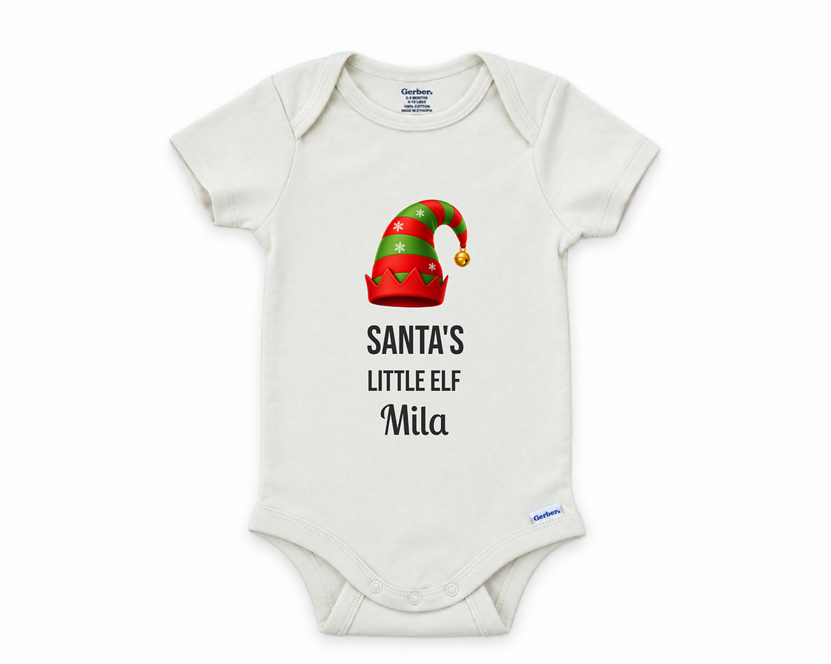 DESIGN E - Santa's Little Elf personalized baby bodysuit design on a white background