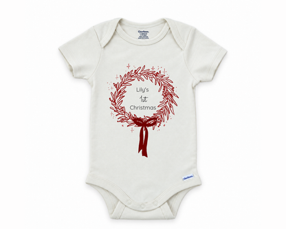 DESIGN F - 1st Christmas Wreath personalized baby bodysuit design on a white background