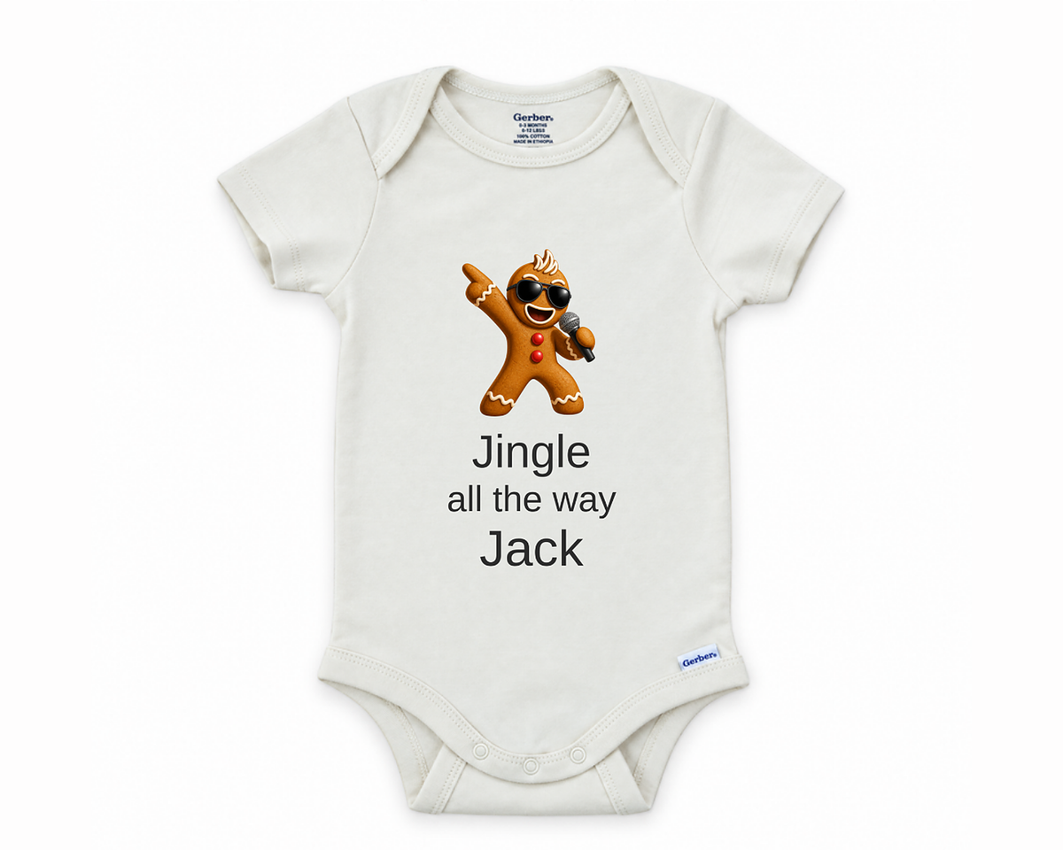 DESIGN G - Jingle All The Way Gingerbread personalized baby bodysuit design on a white background