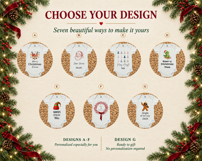 Choose your design chart of seven baby bodysuit designs, including the Merry & Bright Christmas trees design