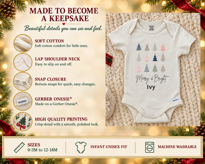 Keepsake details of the Merry & Bright Christmas trees baby bodysuit: soft cotton, lap shoulder neck, bottom snaps