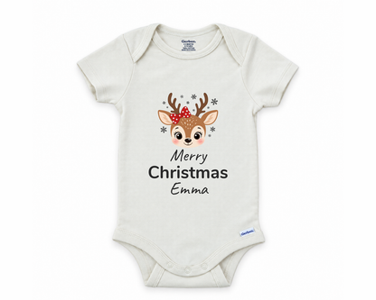 DESIGN A - Merry Christmas Reindeer personalized baby bodysuit design on a white background