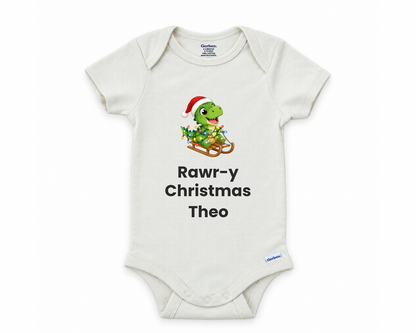 DESIGN D - Rawr-y Christmas Dino personalized baby bodysuit, the Rawr-y Christmas T-rex lead design on white