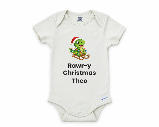DESIGN D - Rawr-y Christmas Dino personalized baby bodysuit, the Rawr-y Christmas T-rex lead design on white