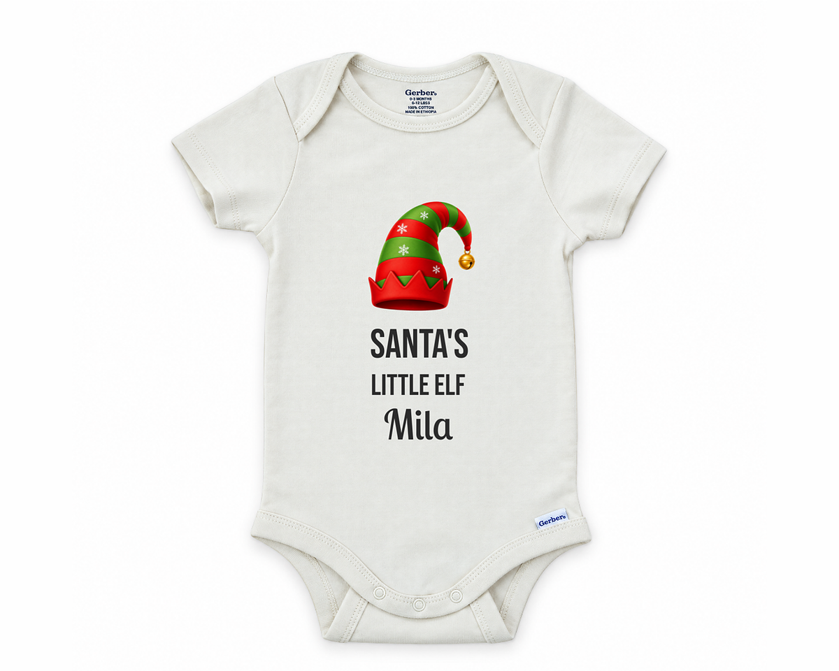 DESIGN E - Santa's Little Elf personalized baby bodysuit design on a white background
