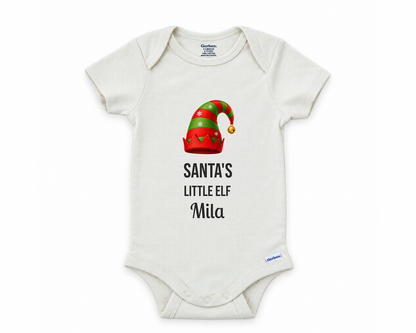 DESIGN E - Santa's Little Elf personalized baby bodysuit design on a white background