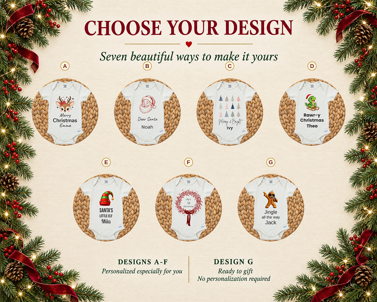 Choose your design chart of seven baby bodysuit designs, including the Rawr-y Christmas T-rex design