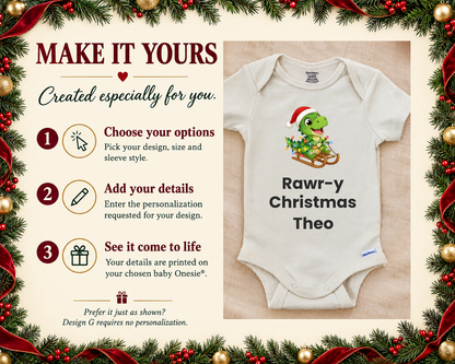 Make it yours steps shown beside the Rawr-y Christmas T-rex personalized baby bodysuit