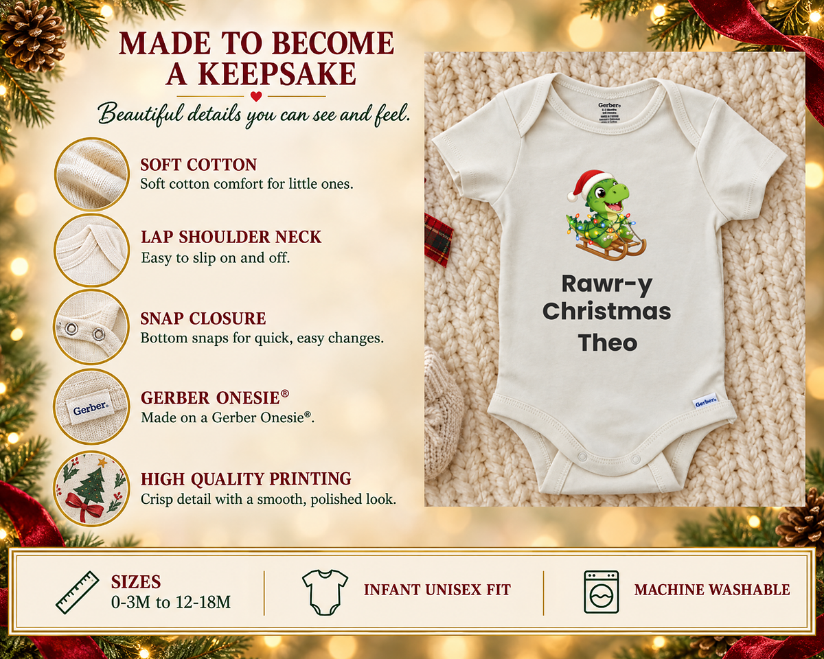 Keepsake details of the Rawr-y Christmas T-rex baby bodysuit: soft cotton, lap shoulder neck, bottom snaps