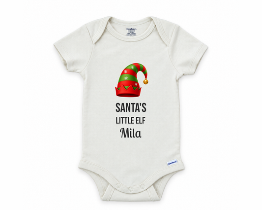 DESIGN E - Santa's Little Elf personalized baby bodysuit, the Santa's Little Elf hat lead design on white