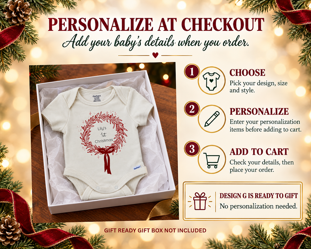 Personalize at checkout steps with the 1st Christmas wreath baby bodysuit shown in a box