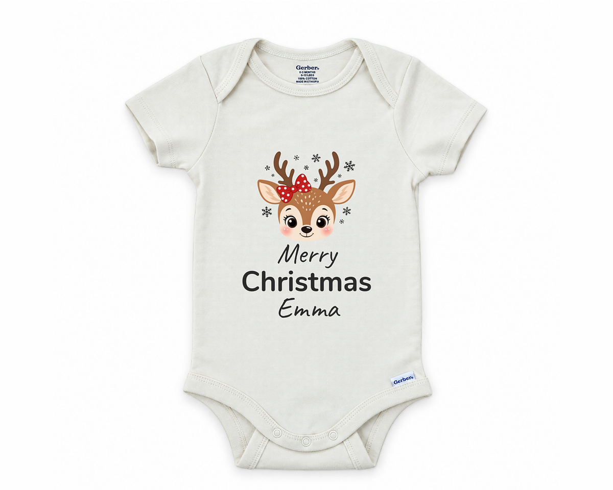 DESIGN A - Merry Christmas Reindeer personalized baby bodysuit design on a white background